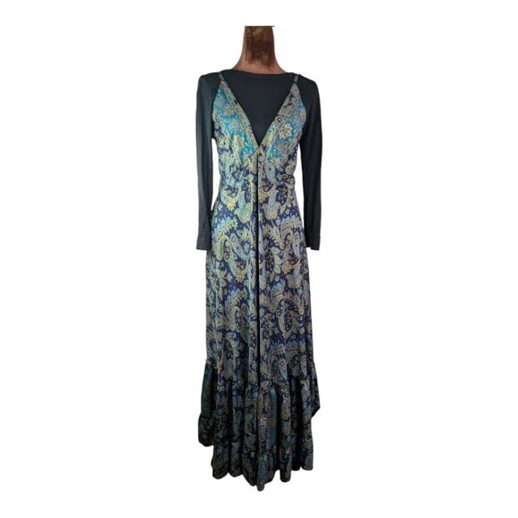Stunning Blue Vintage silk maxi bohemian dress parsley print size M - Picture 3 of 10